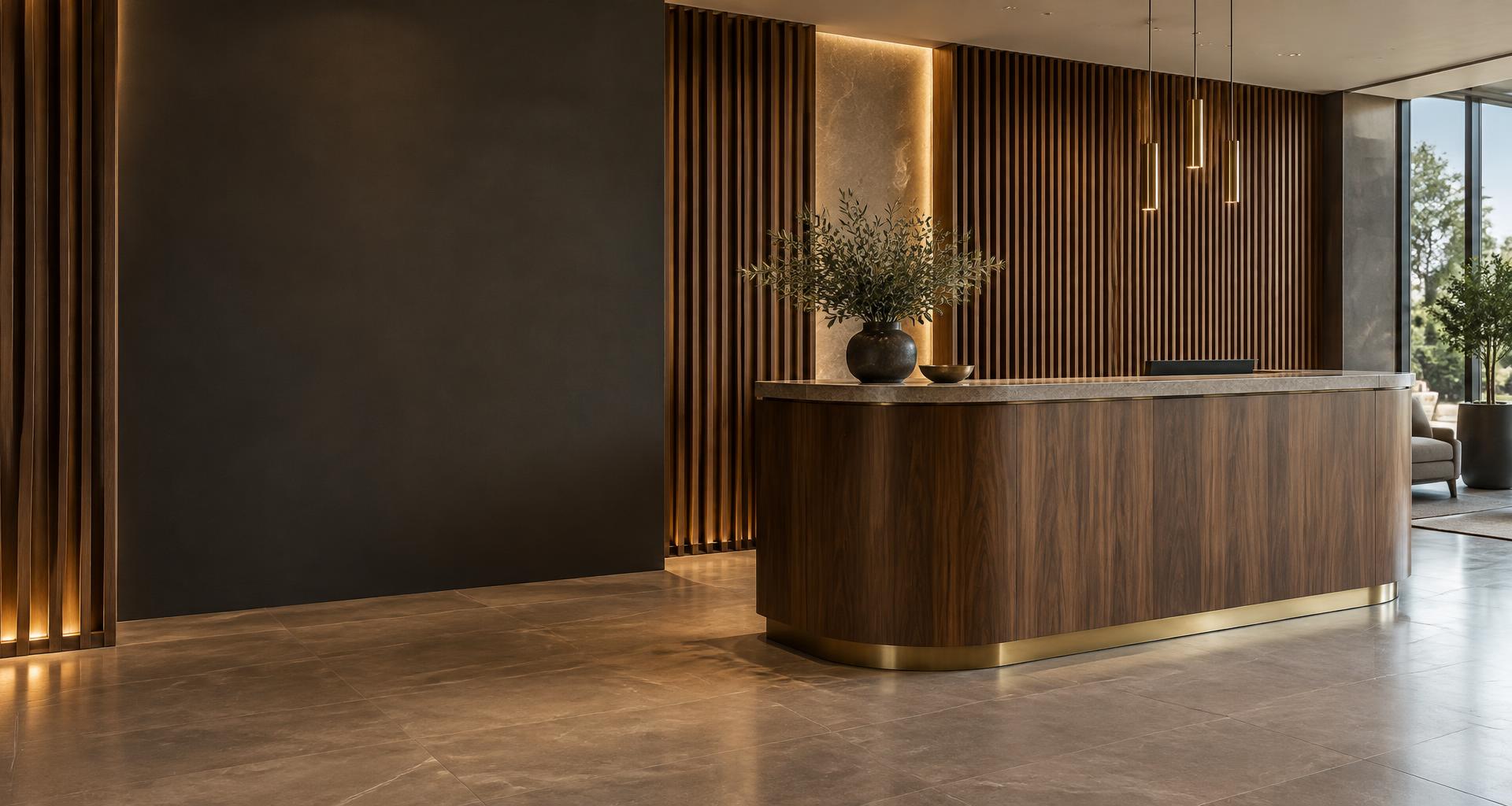 Illustration av hotellreception med träklädda ytor